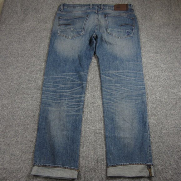 G Raw Jeans Mens 38 Blue Medium Wash Distressed Straight - Picture 5 of 13